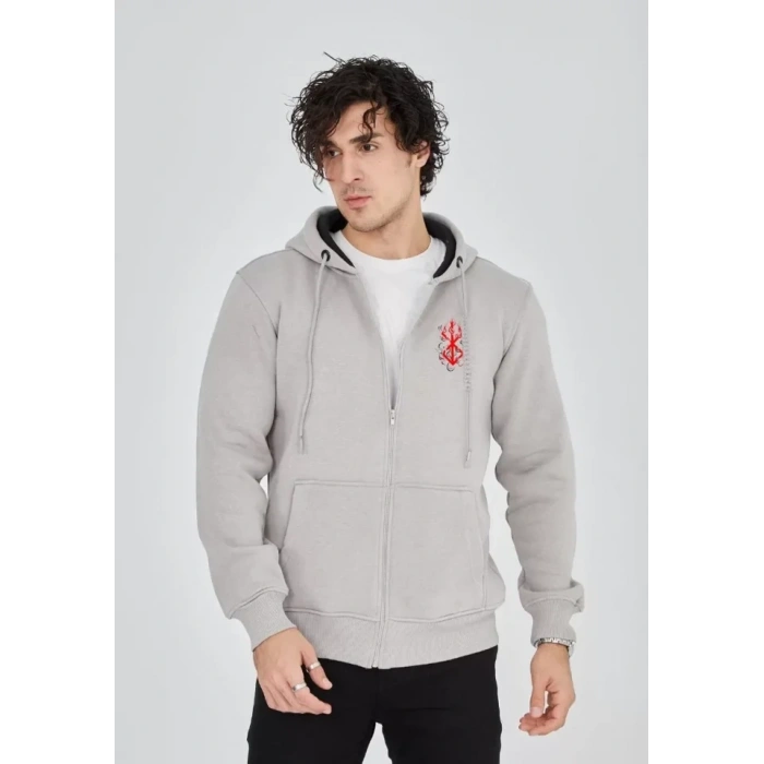 Biçomi Unisex Baskılı Tam Fermuarlı Kapşonlu SweatShirt - Boyalı Gri