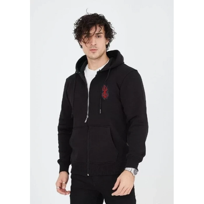 Biçomi Unisex Baskılı Tam Fermuarlı Kapşonlu SweatShirt - Siyah