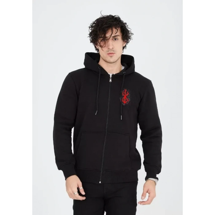 Biçomi Unisex Baskılı Tam Fermuarlı Kapşonlu SweatShirt - Siyah