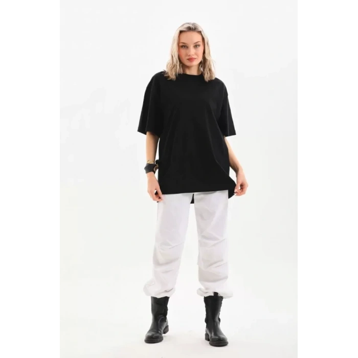 Biçomi Unisex Bisiklet Yaka 20/1 Düz Oversize T-Shirt - Siyah