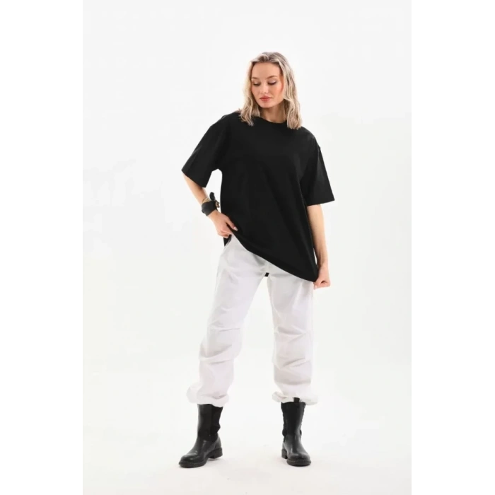 Biçomi Unisex Bisiklet Yaka 20/1 Düz Oversize T-Shirt - Siyah