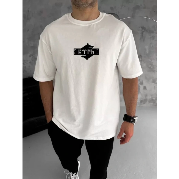 Biçomi Unisex Bisiklet Yaka Baskılı Double Oversize T-Shirt - Beyaz