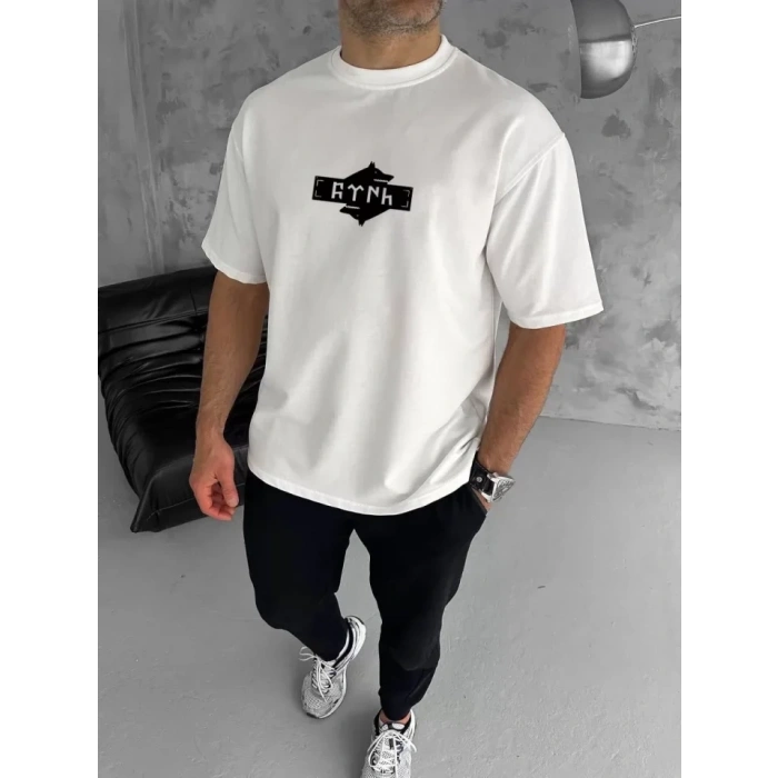 Biçomi Unisex Bisiklet Yaka Baskılı Double Oversize T-Shirt - Beyaz