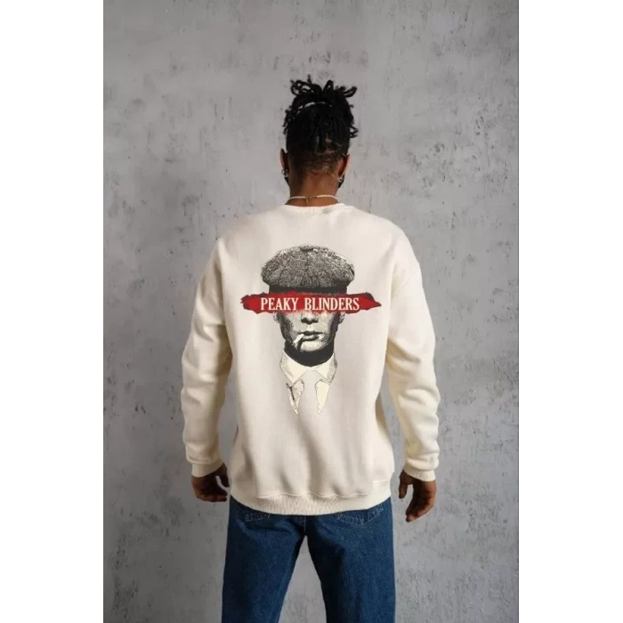 Biçomi Unisex Bisiklet Yaka Baskılı Oversize Sweatshirt - Beyaz