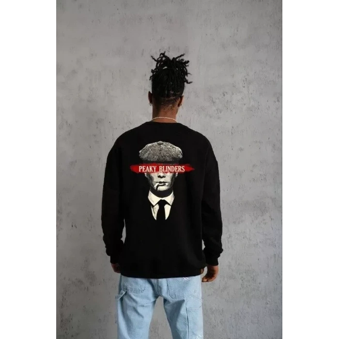 Biçomi Unisex Bisiklet Yaka Baskılı Oversize Sweatshirt - Siyah