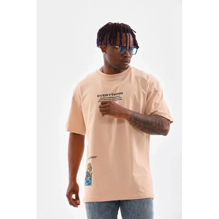 Biçomi Unisex Bisiklet Yaka Baskılı Oversize T-Shirt - Bej