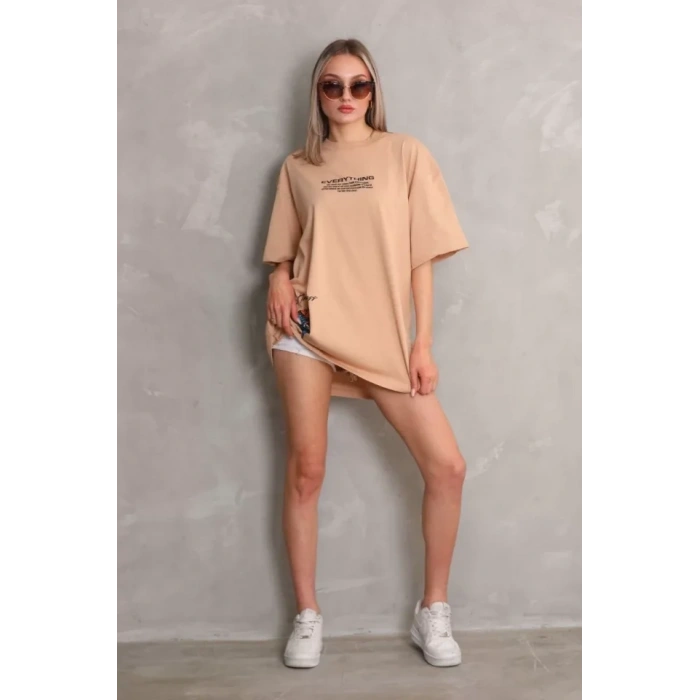 Biçomi Unisex Bisiklet Yaka Baskılı Oversize T-Shirt - Bej