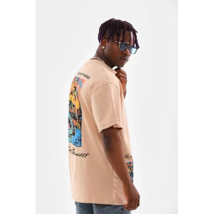 Biçomi Unisex Bisiklet Yaka Baskılı Oversize T-Shirt - Bej