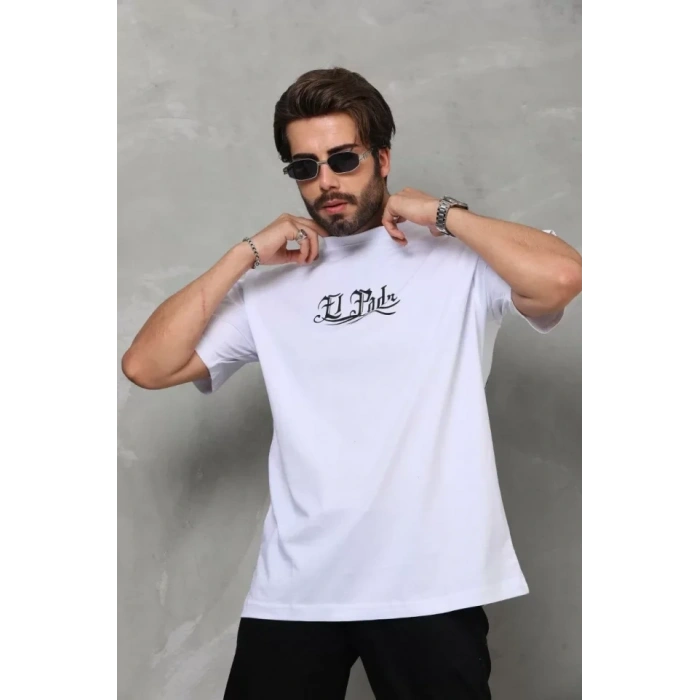 Biçomi Unisex Bisiklet Yaka Baskılı Oversize T-Shirt - Beyaz