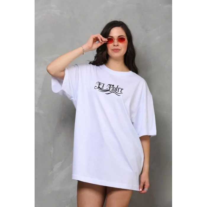 Biçomi Unisex Bisiklet Yaka Baskılı Oversize T-Shirt - Beyaz
