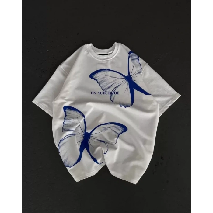 Biçomi Unisex Bisiklet Yaka Baskılı Oversize T-Shirt - Beyaz