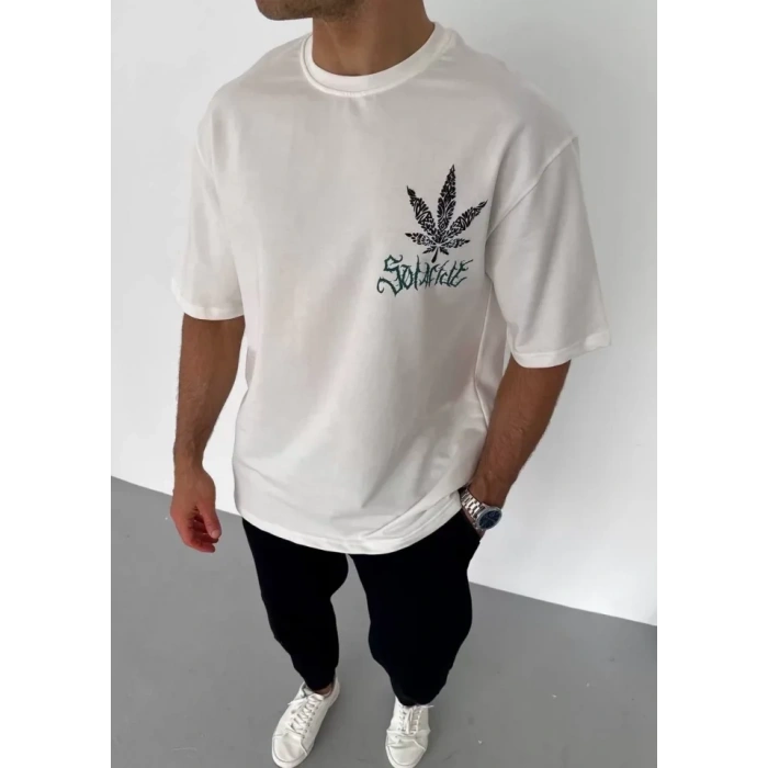 Biçomi Unisex Bisiklet Yaka Baskılı Oversize T-Shirt - Beyaz