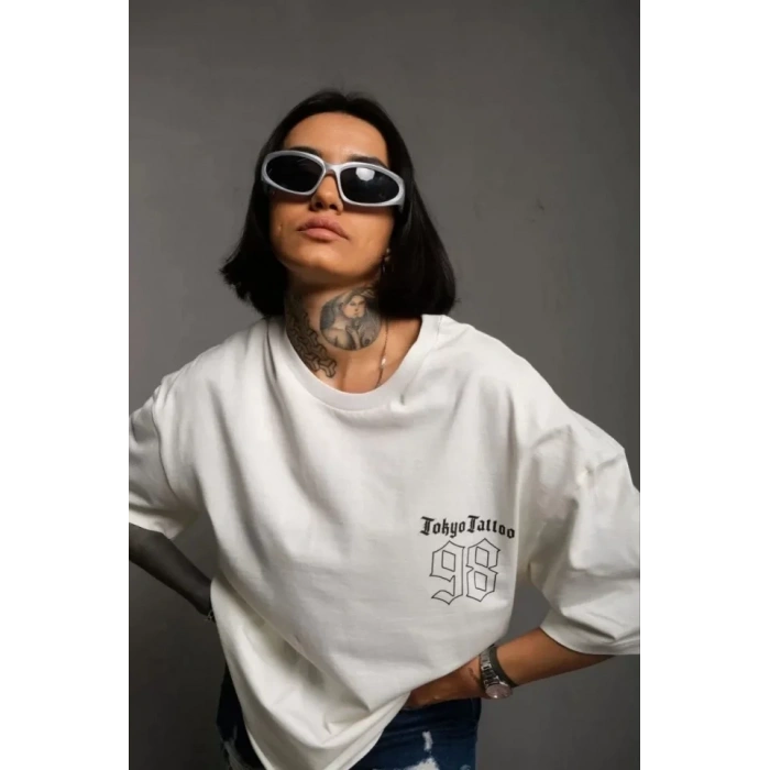 Biçomi Unisex Bisiklet Yaka Baskılı Oversize T-Shirt - Beyaz