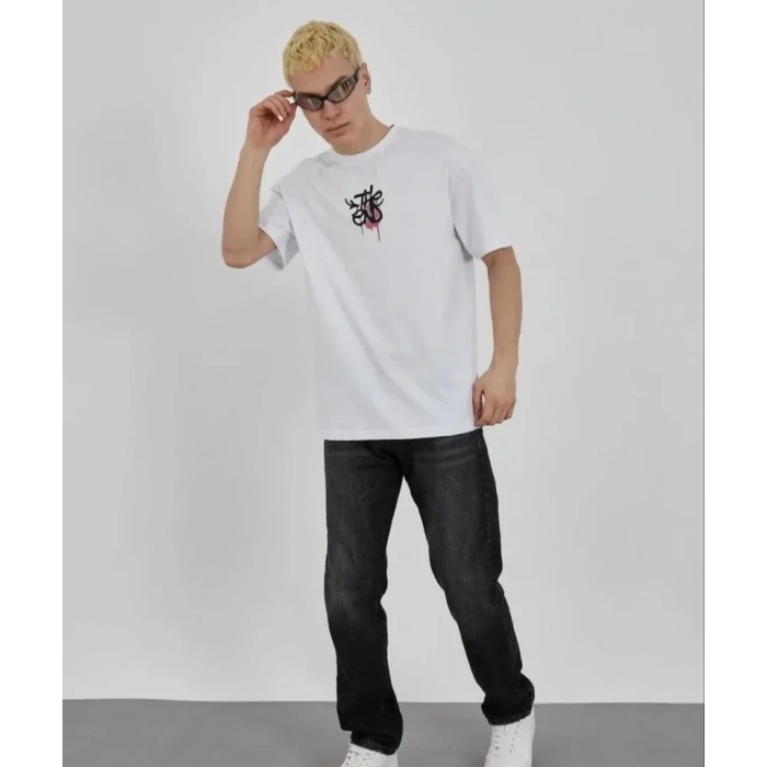 Biçomi Unisex Bisiklet Yaka Baskılı Oversize T-Shirt - Beyaz