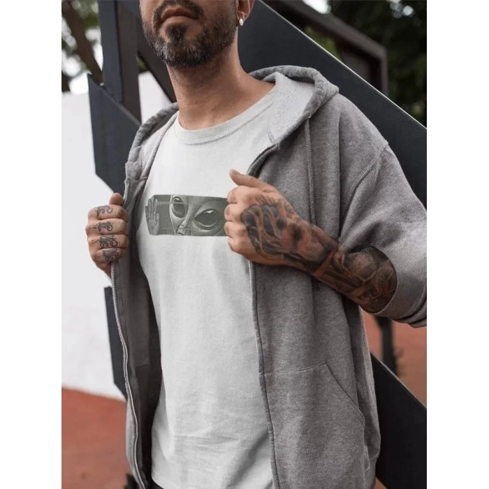Biçomi Unisex Bisiklet Yaka Baskılı Oversize T-Shirt - Beyaz