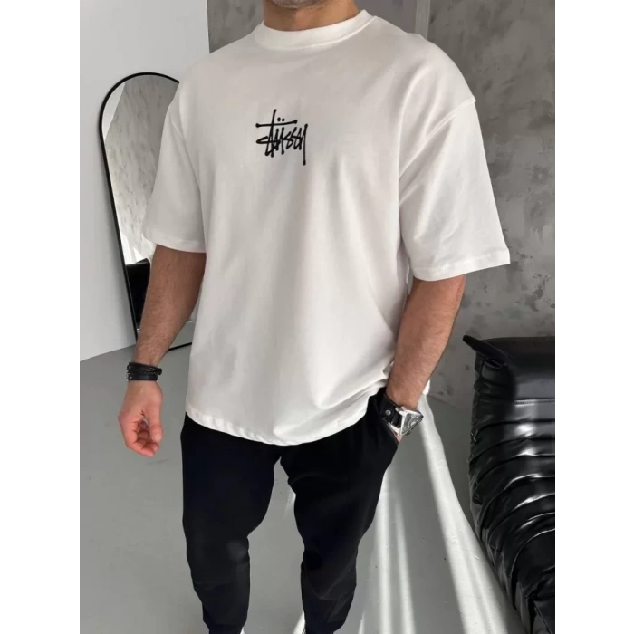 Biçomi Unisex Bisiklet Yaka Baskılı Oversize T-Shirt - Beyaz