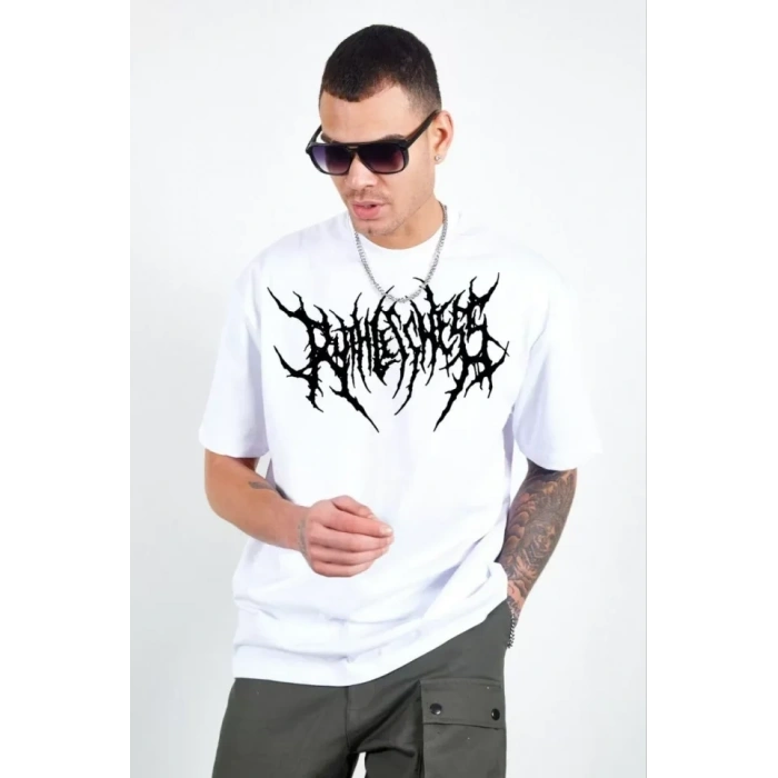 Biçomi Unisex Bisiklet Yaka Baskılı Oversize T-Shirt - Beyaz