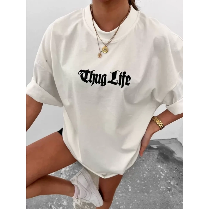 Biçomi Unisex Bisiklet Yaka Baskılı Oversize T-Shirt - Beyaz