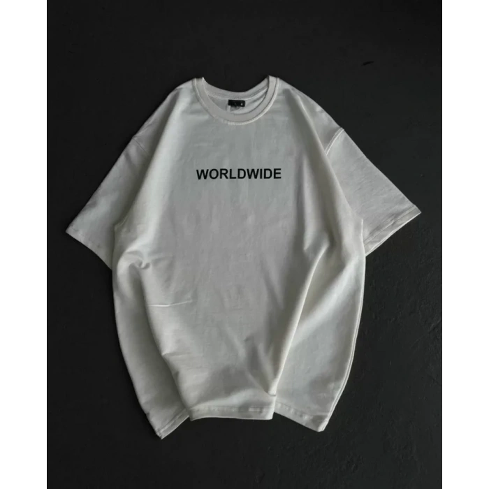 Biçomi Unisex Bisiklet Yaka Baskılı Oversize T-Shirt - Beyaz