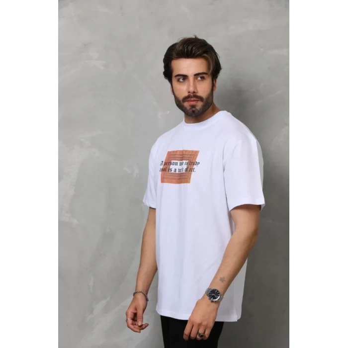 Biçomi Unisex Bisiklet Yaka Baskılı Oversize T-Shirt - Beyaz