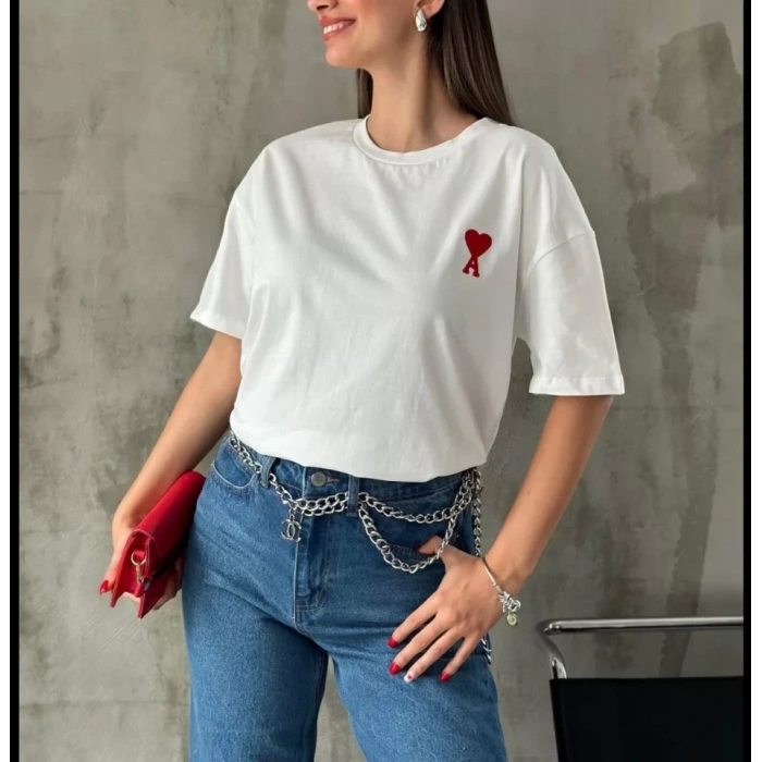 Biçomi Unisex Bisiklet Yaka Baskılı Oversize T-Shirt - Beyaz