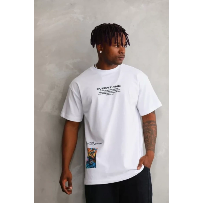 Biçomi Unisex Bisiklet Yaka Baskılı Oversize T-Shirt - Beyaz