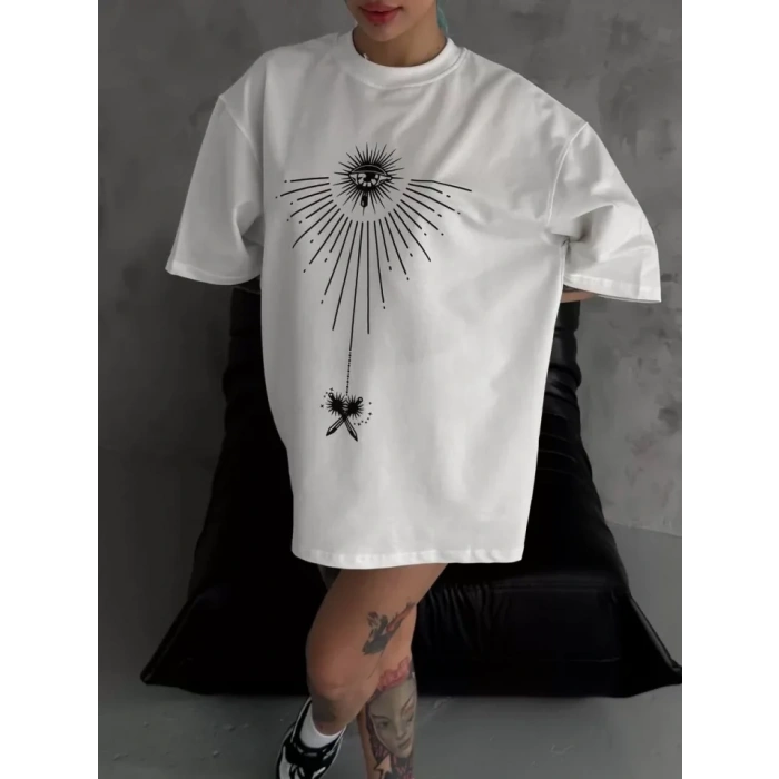 Biçomi Unisex Bisiklet Yaka Baskılı Oversize T-Shirt - Beyaz