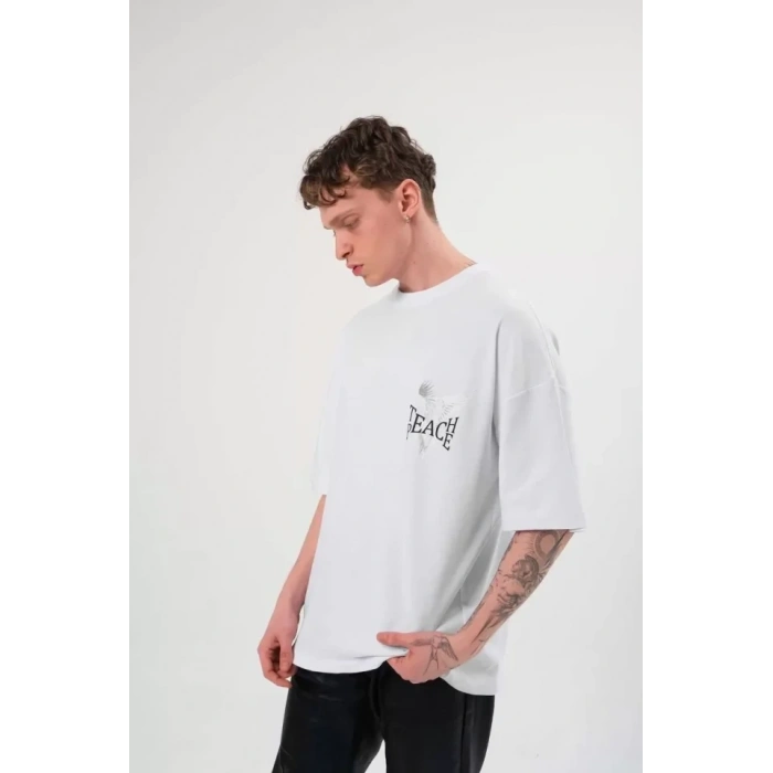 Biçomi Unisex Bisiklet Yaka Baskılı Oversize T-Shirt - Beyaz