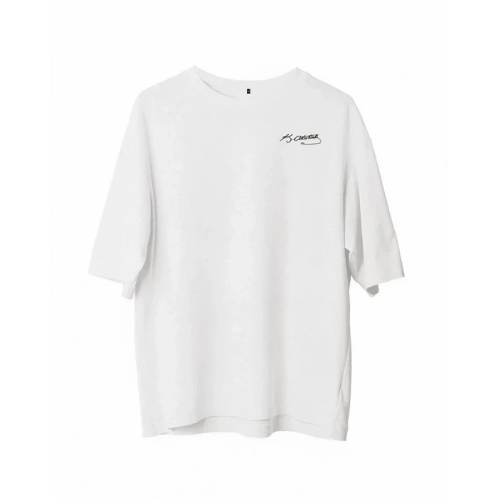Biçomi Unisex Bisiklet Yaka Baskılı Oversize T-Shirt - Beyaz