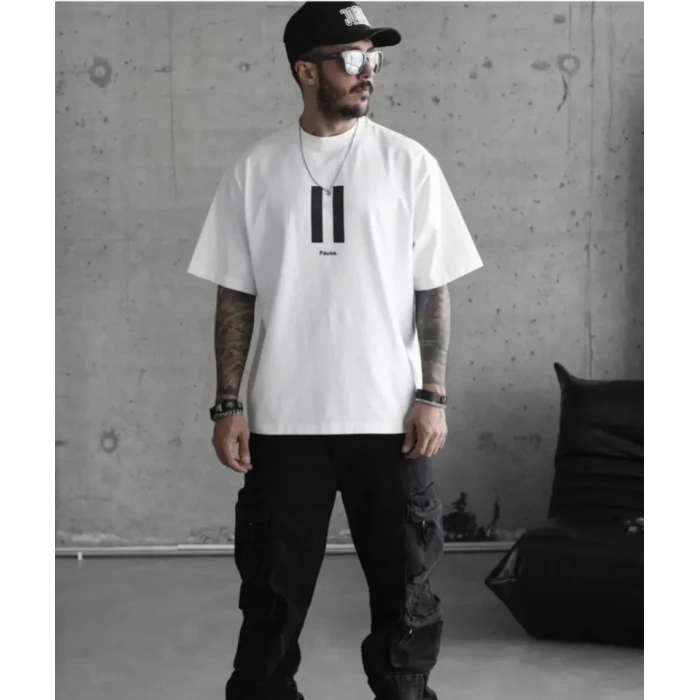 Biçomi Unisex Bisiklet Yaka Baskılı Oversize T-Shirt - Beyaz