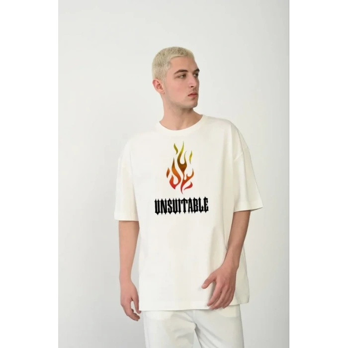 Biçomi Unisex Bisiklet Yaka Baskılı Oversize T-Shirt - Beyaz