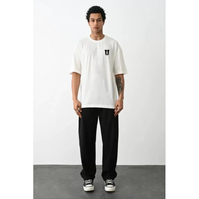 Biçomi Unisex Bisiklet Yaka Baskılı Oversize T-Shirt - Beyaz