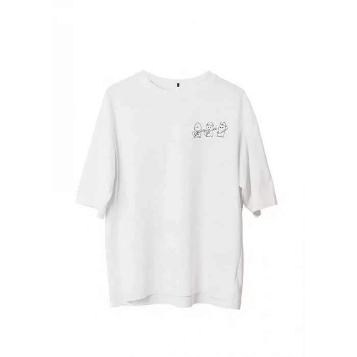 Biçomi Unisex Bisiklet Yaka Baskılı Oversize T-Shirt - Beyaz
