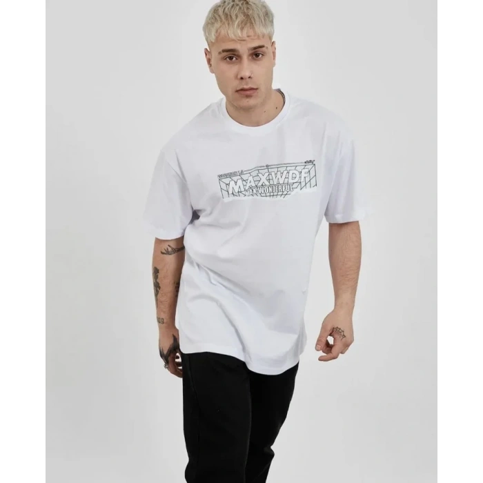 Biçomi Unisex Bisiklet Yaka Baskılı Oversize T-Shirt - Beyaz