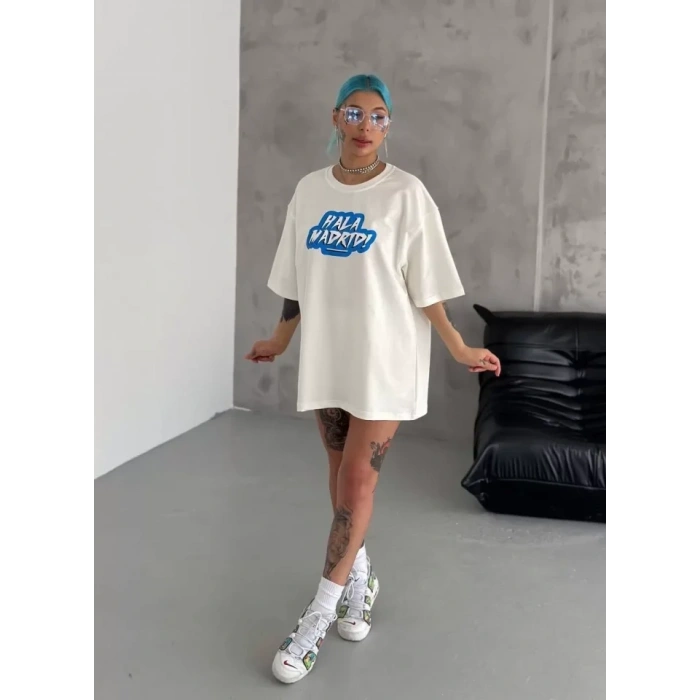 Biçomi Unisex Bisiklet Yaka Baskılı Oversize T-Shirt - Beyaz