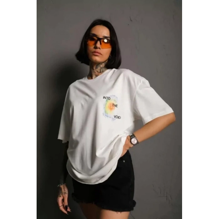 Biçomi Unisex Bisiklet Yaka Baskılı Oversize T-Shirt - Beyaz