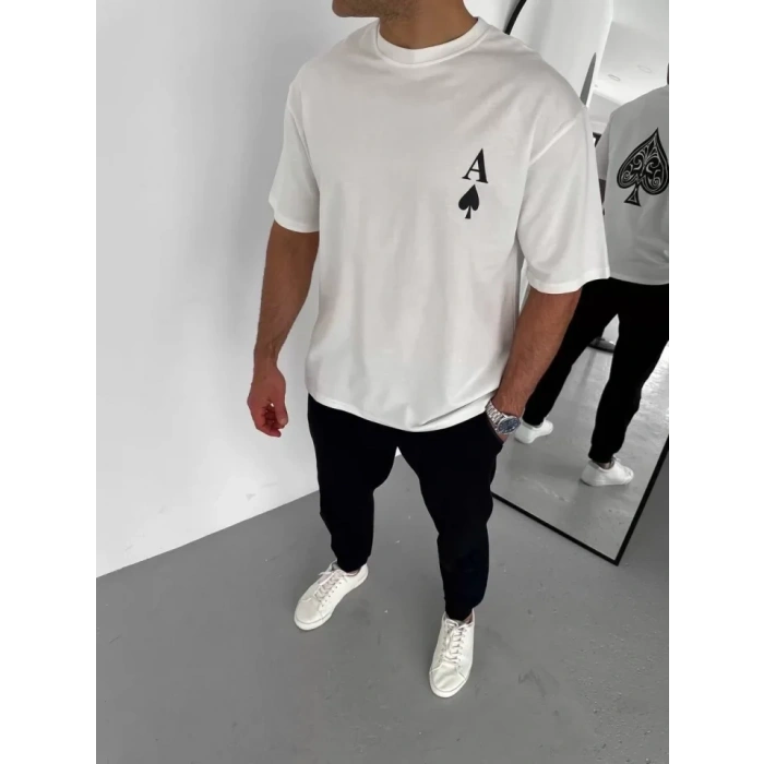 Biçomi Unisex Bisiklet Yaka Baskılı Oversize T-Shirt - Beyaz