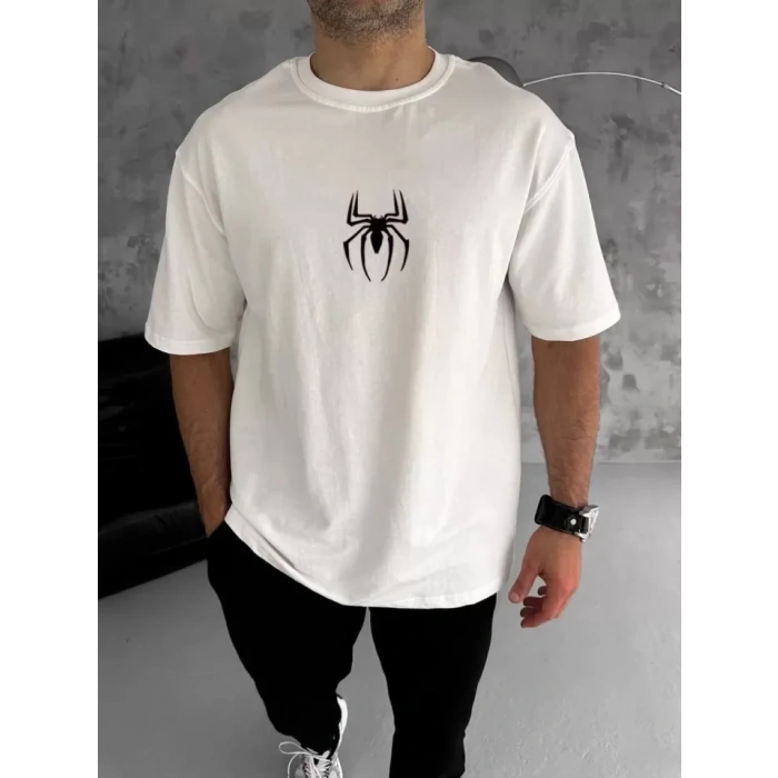 Biçomi Unisex Bisiklet Yaka Baskılı Oversize T-Shirt - Beyaz