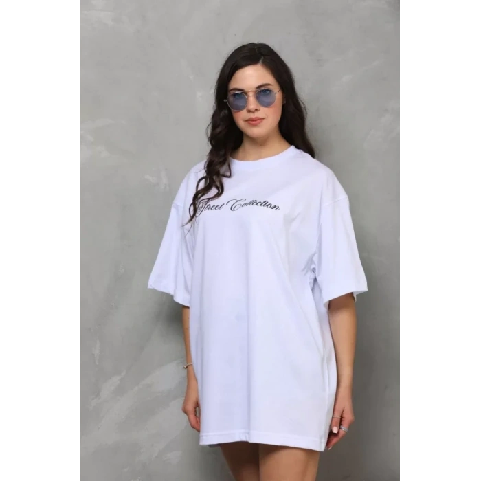 Biçomi Unisex Bisiklet Yaka Baskılı Oversize T-Shirt - Beyaz
