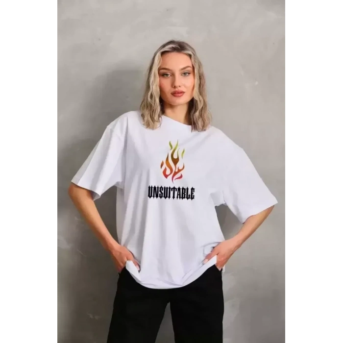 Biçomi Unisex Bisiklet Yaka Baskılı Oversize T-Shirt - Beyaz