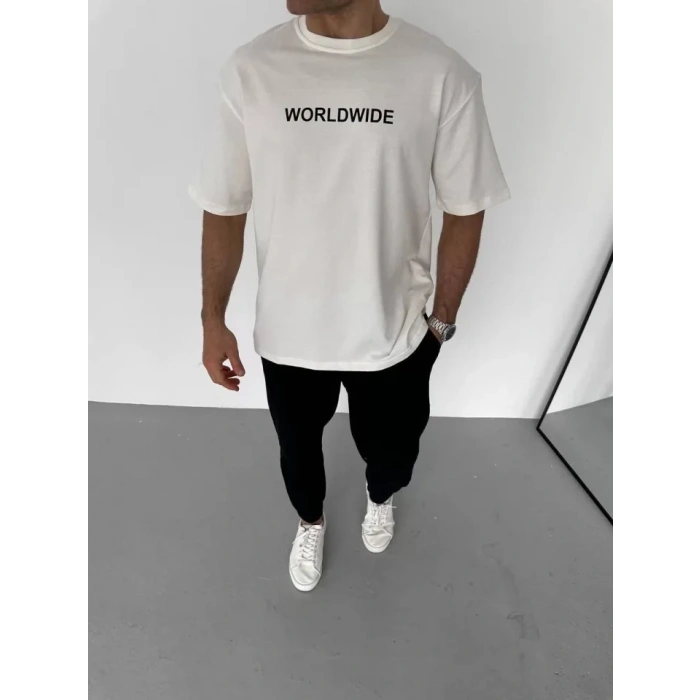 Biçomi Unisex Bisiklet Yaka Baskılı Oversize T-Shirt - Beyaz