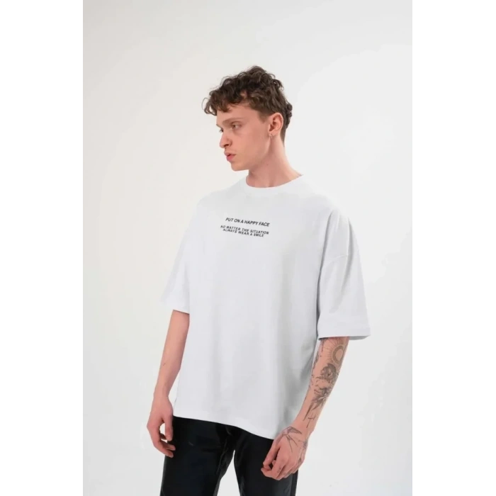 Biçomi Unisex Bisiklet Yaka Baskılı Oversize T-Shirt - Beyaz