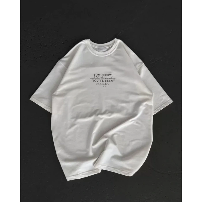 Biçomi Unisex Bisiklet Yaka Baskılı Oversize T-Shirt - Beyaz