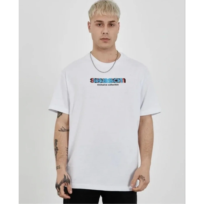 Biçomi Unisex Bisiklet Yaka Baskılı Oversize T-Shirt - Beyaz
