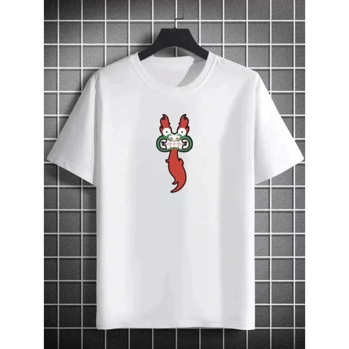 Biçomi Unisex Bisiklet Yaka Baskılı Oversize T-Shirt - Beyaz