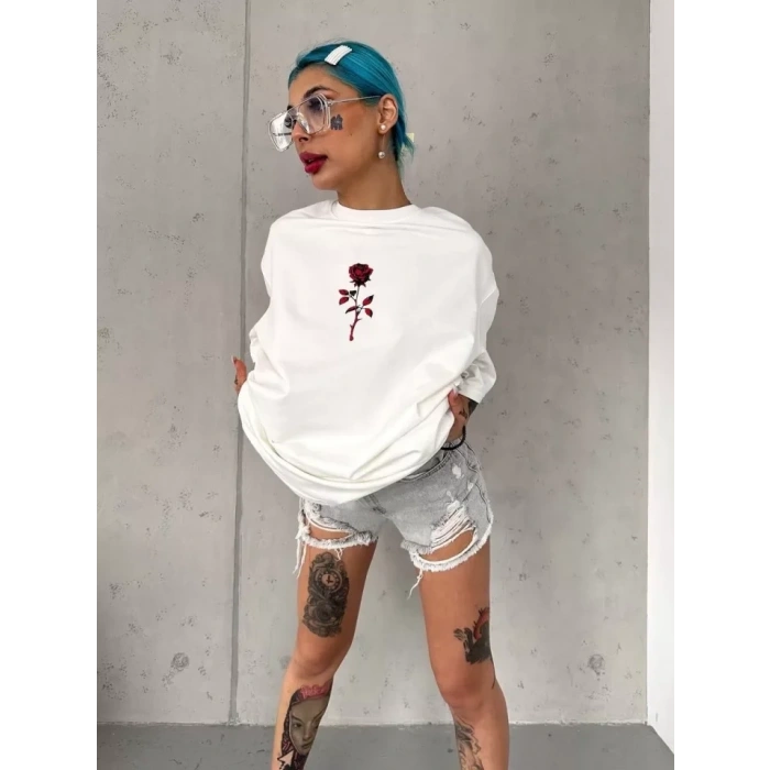 Biçomi Unisex Bisiklet Yaka Baskılı Oversize T-Shirt - Beyaz