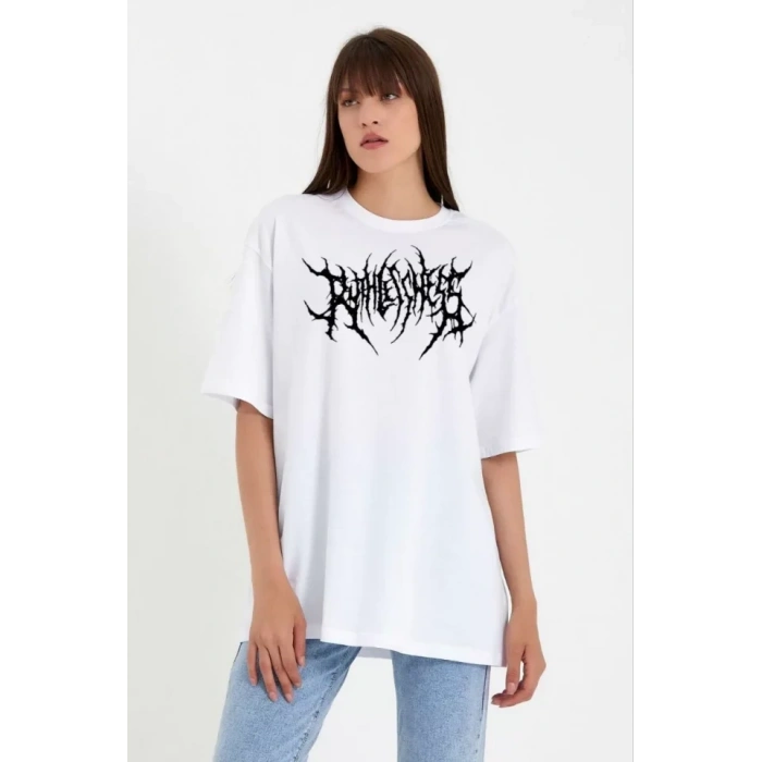 Biçomi Unisex Bisiklet Yaka Baskılı Oversize T-Shirt - Beyaz