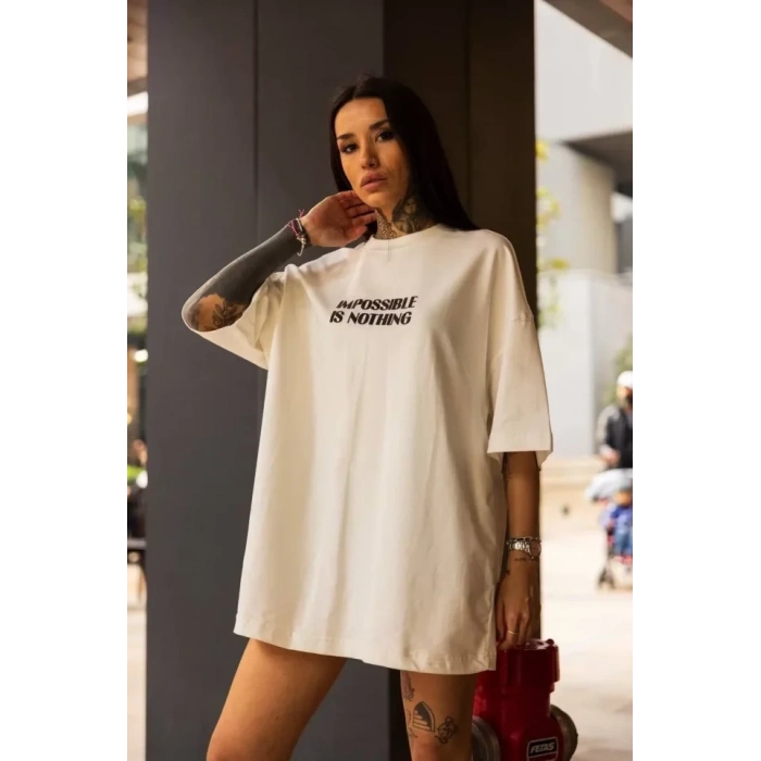 Biçomi Unisex Bisiklet Yaka Baskılı Oversize T-Shirt - Beyaz