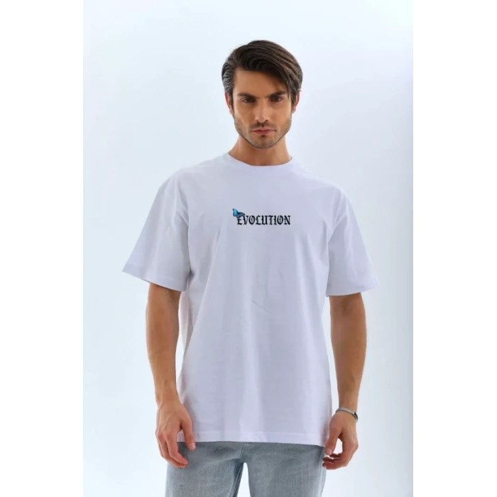Biçomi Unisex Bisiklet Yaka Baskılı Oversize T-Shirt - Beyaz