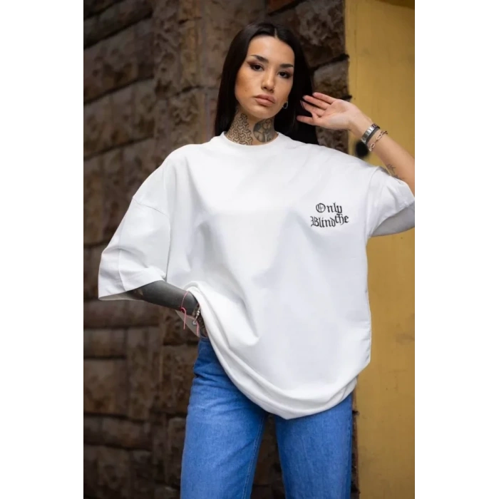 Biçomi Unisex Bisiklet Yaka Baskılı Oversize T-Shirt - Beyaz